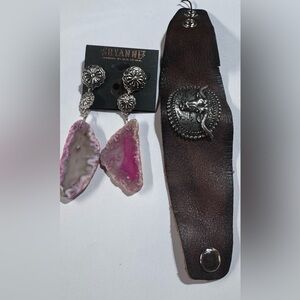 Shyanne Pink Geode Earrings and Brown Leather Bracelet